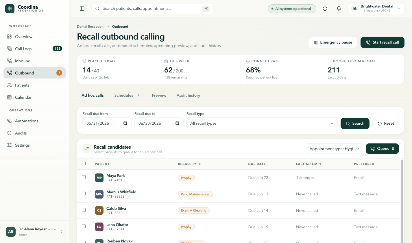Outbound recall calling workspace